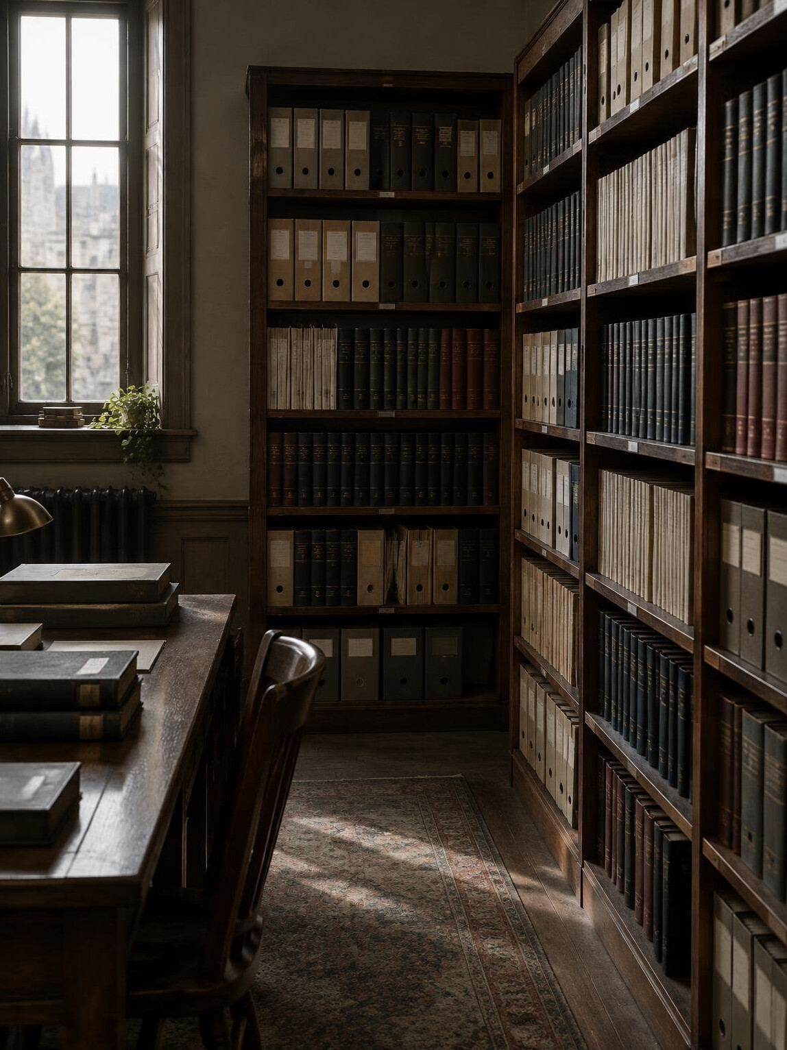 Rows of archival research folders on wooden library shelves